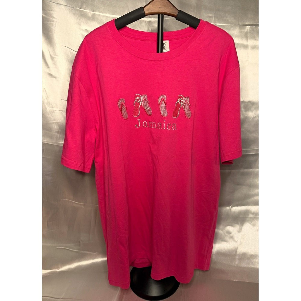 Jamaica‎ Flip Flops Embroidered Souvenir T-Shirt Pink Tropical Vacation Tee 2XL